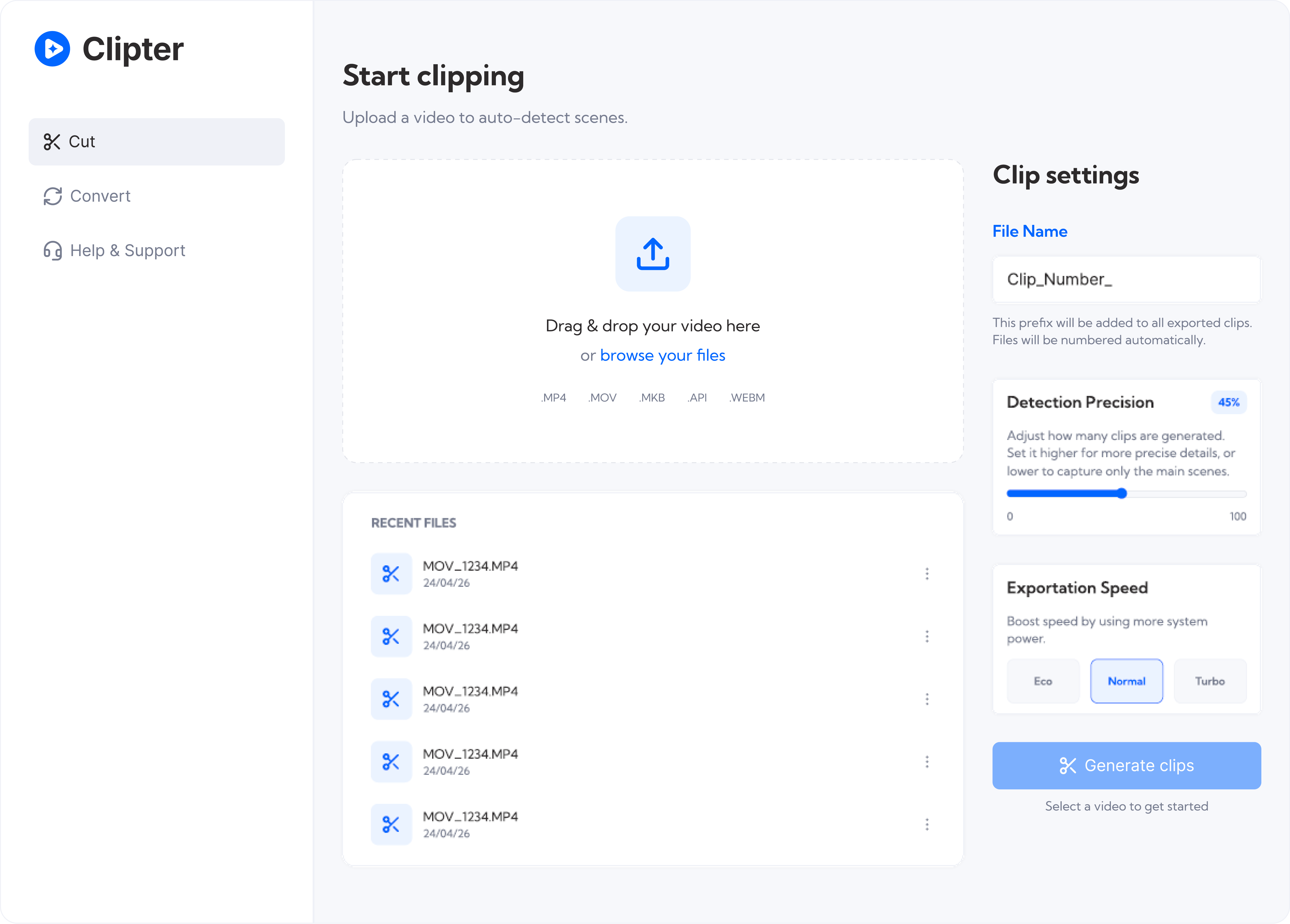 Clipter app interface showing drag and drop video upload, clip settings panel, and processing controls